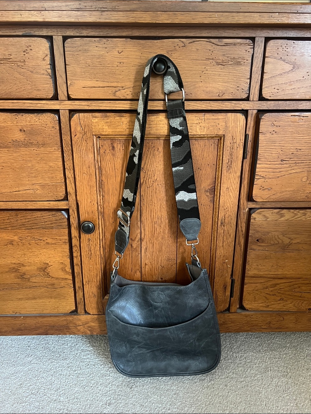 Ah-Dhorned Black Leather Crossbody Bag with Camouflage guitar Strap nwot